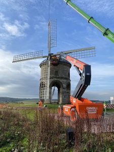 Chesterton Windmill benefits from Clements Plant & Access Hire 24m lithium boom lift assistance during first phase of repairs.